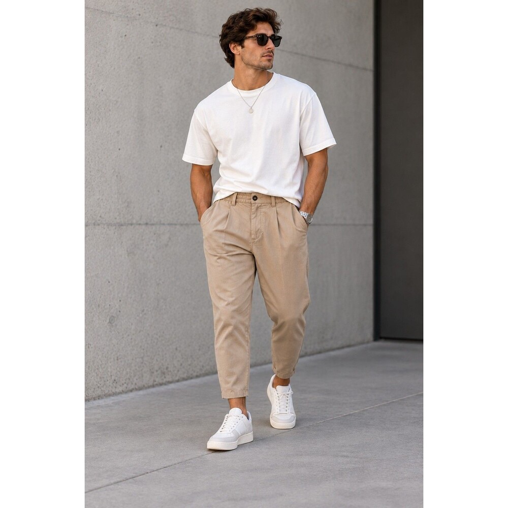 NWT YoungLA 620 Cafe Trousers Men’s 30R Beige Pleated Stretch Tapered Pants